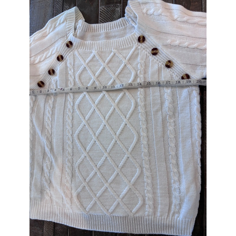 White Cable Knit Button Shoulder Sweater Scoop Neck Diamond Lattice 100% acrylic - Picture 4 of 5